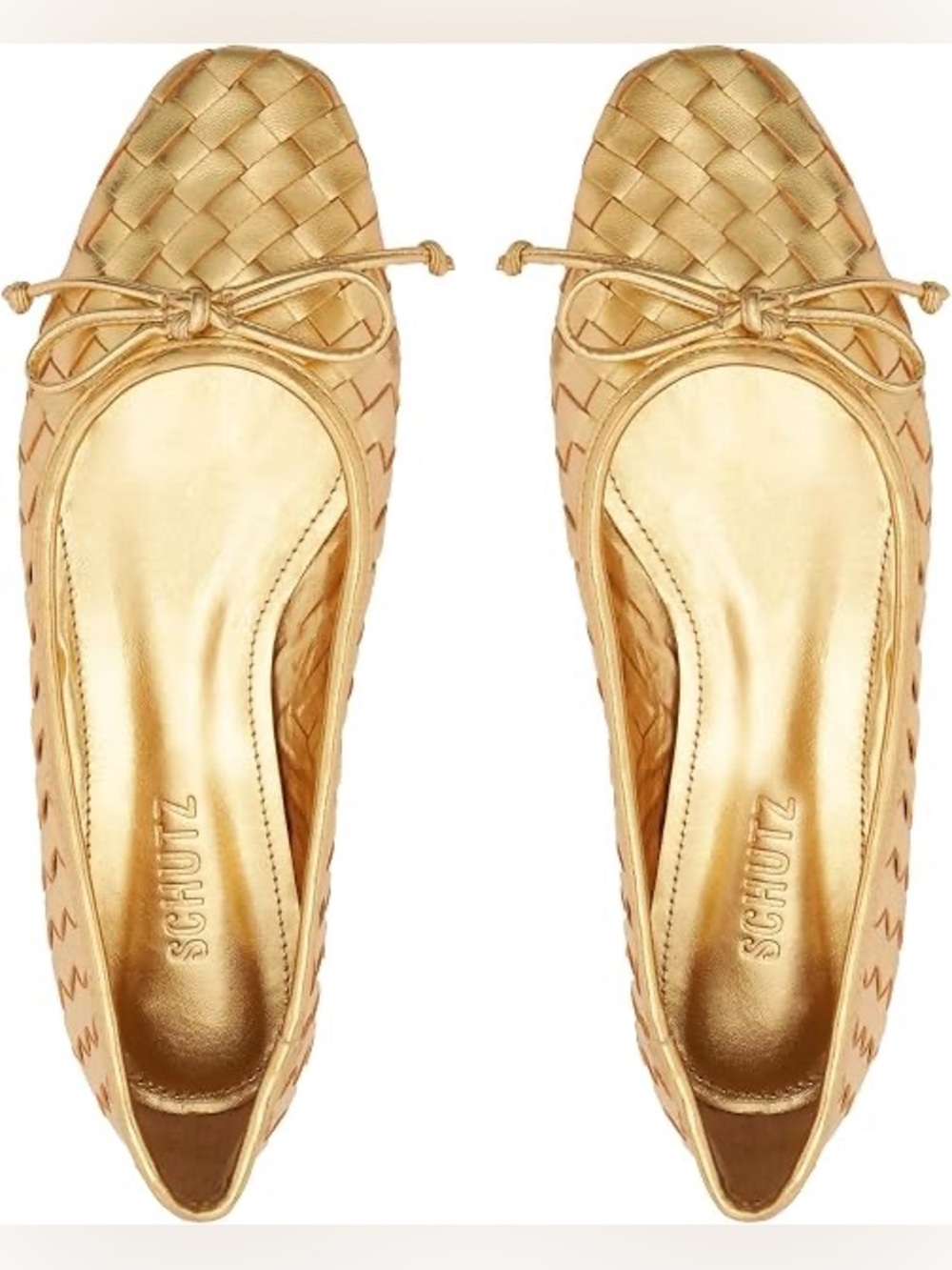 Schutz Arissa Square Toe Ballet Flats 6.5 Gold Woven Leather Bow NWT